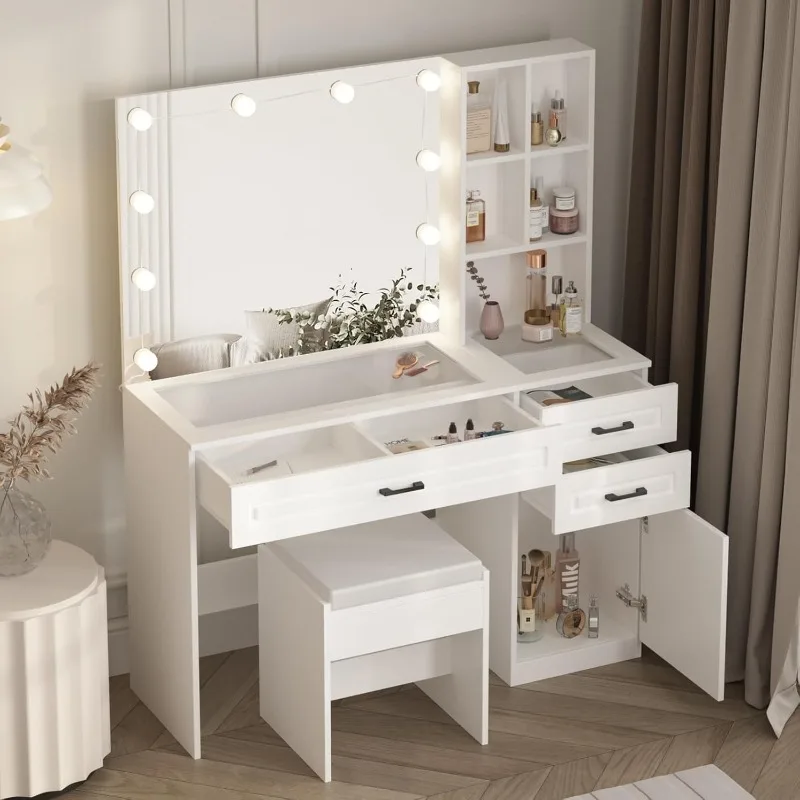 Vanity Desk Set with Lights and Mirror,Makeup Desk with 3 Drawers & Storage Cabinet & Shelves,Glass Top Vanity Table Set