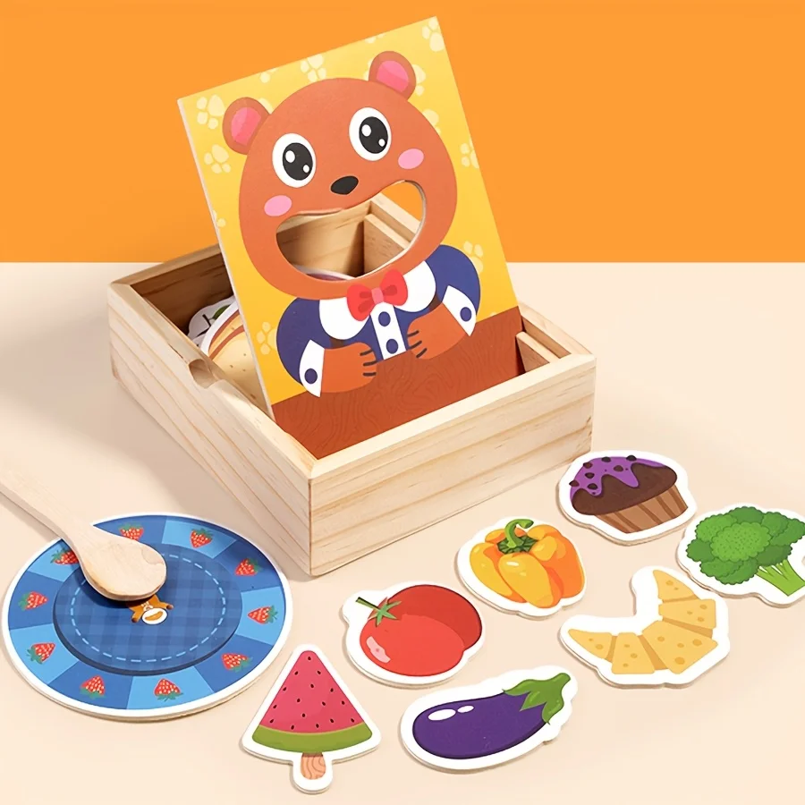 Bear Feeding Role-Play Toy in Wooden Box – Pretend Play Learning Game for Kids, Fine Motor & Cognitive Development Toy