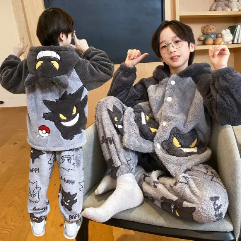 

Anime Pokemon 2024 Girls Flannel Pajamas Autumn Winter Coral Velvet Cardigan Hooded Girl Baby Home Wear Children's Sets