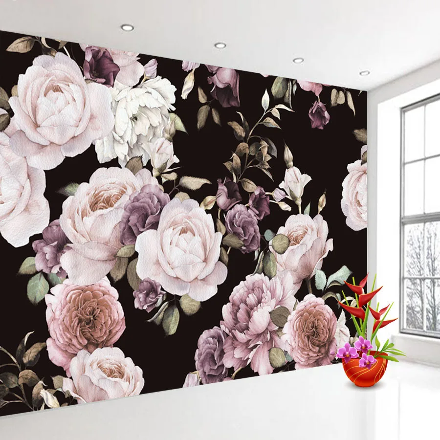 Custom 3D Photo Wallpaper Mural Hand Painted Black White Rose Peony Flower Wall Mural Living Room Home Decor Painting Wall Paper