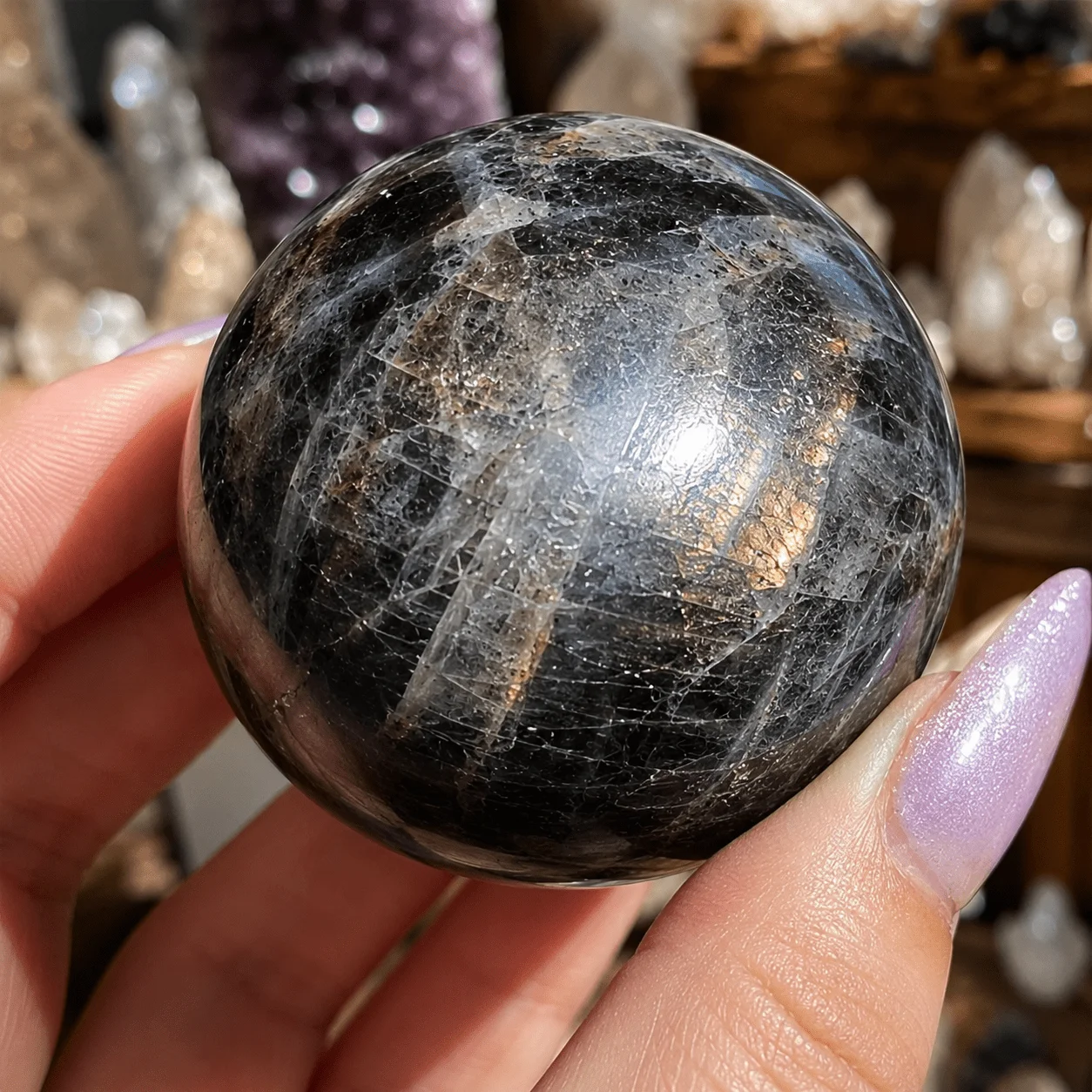 1 stunning and charming black moonstone sphere, black moonstone sphere with deep luster and tiny rainbows