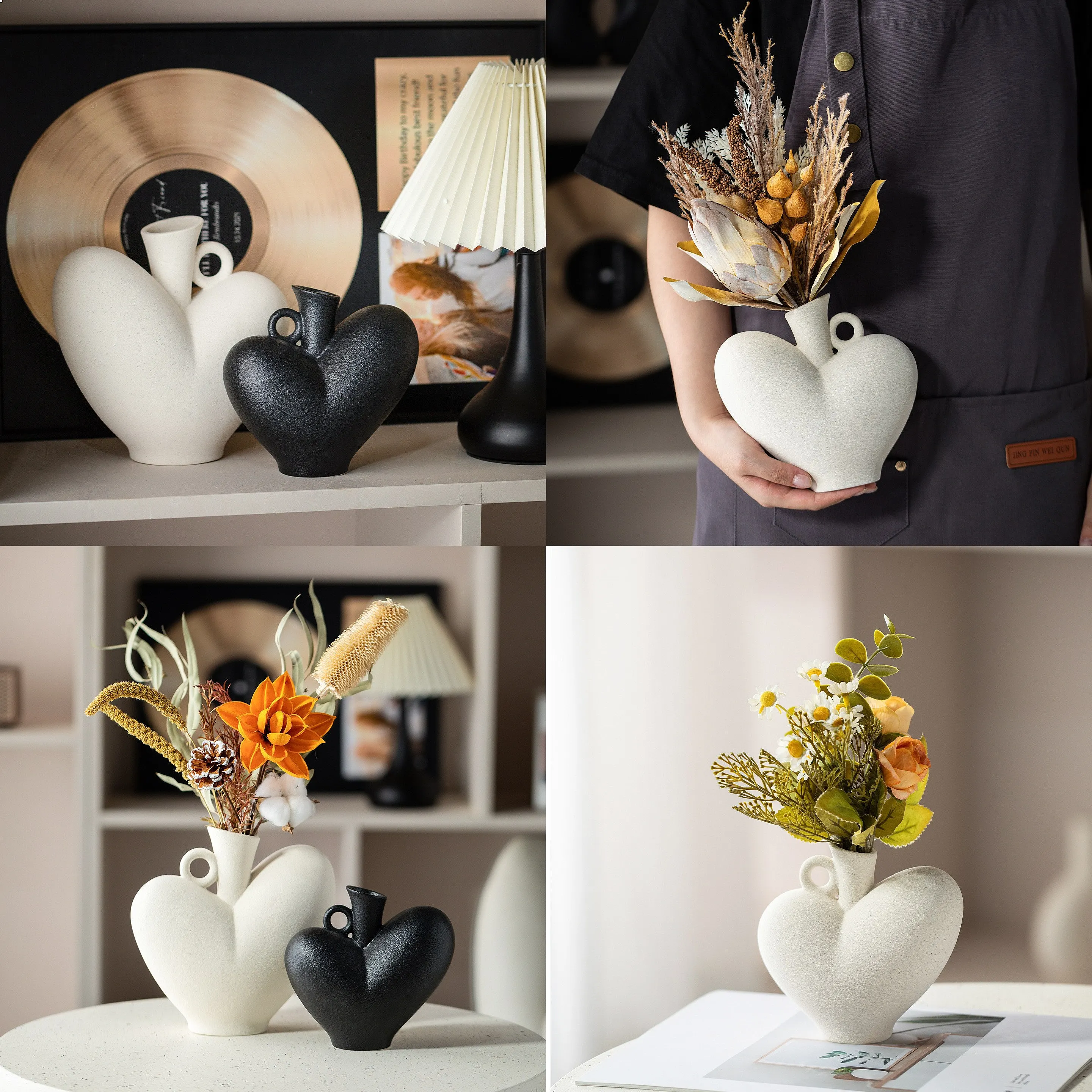 Handmade Rustic Ceramic Heart-Shaped Vase for Living Room, Unique TV & Wine Cabinet Entryway Decor