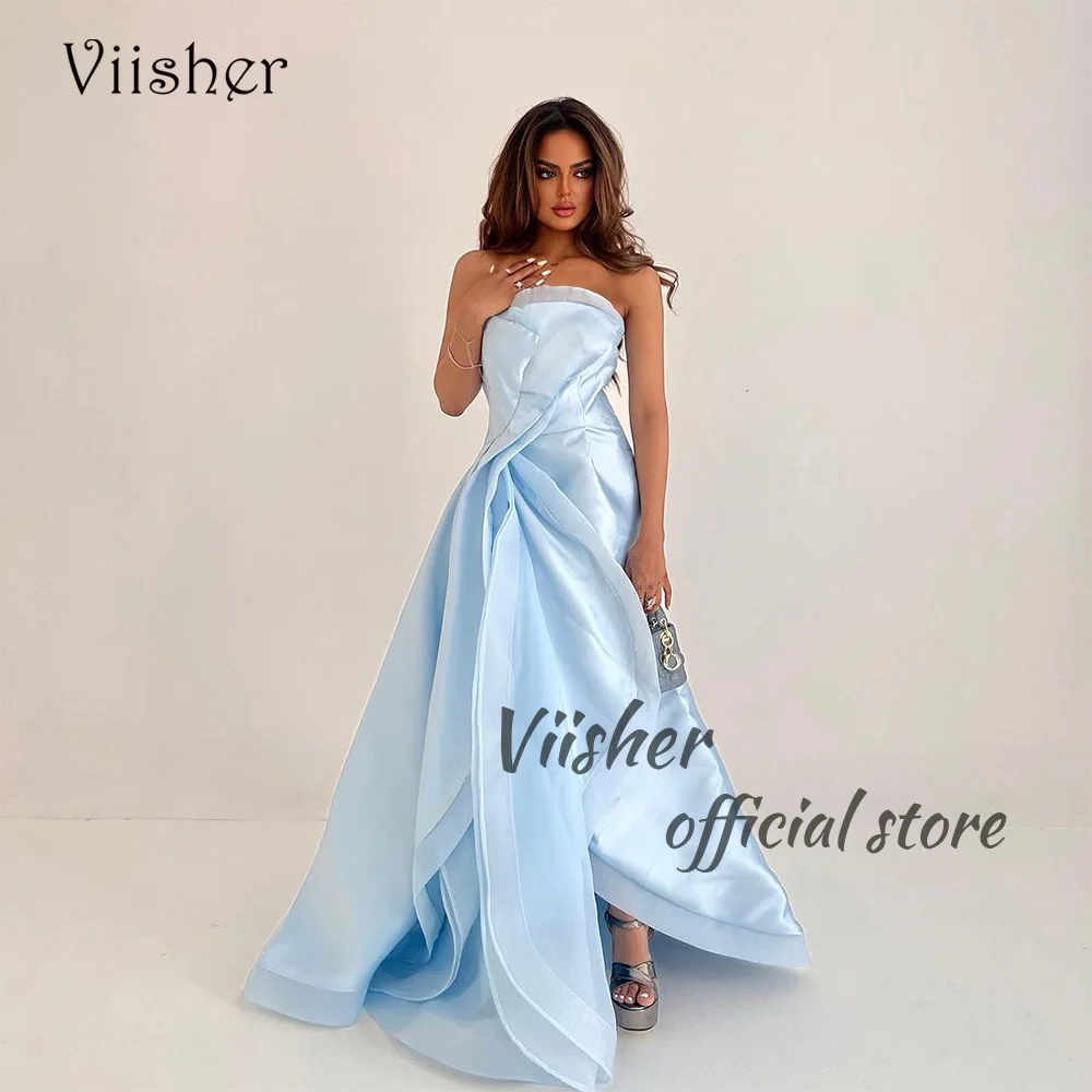 

Viisher Blue Organza A Line Prom Dresses Pleats Strapless Long Formal Party Dress with Slit Dubai Arabic Evening Prom Gowns