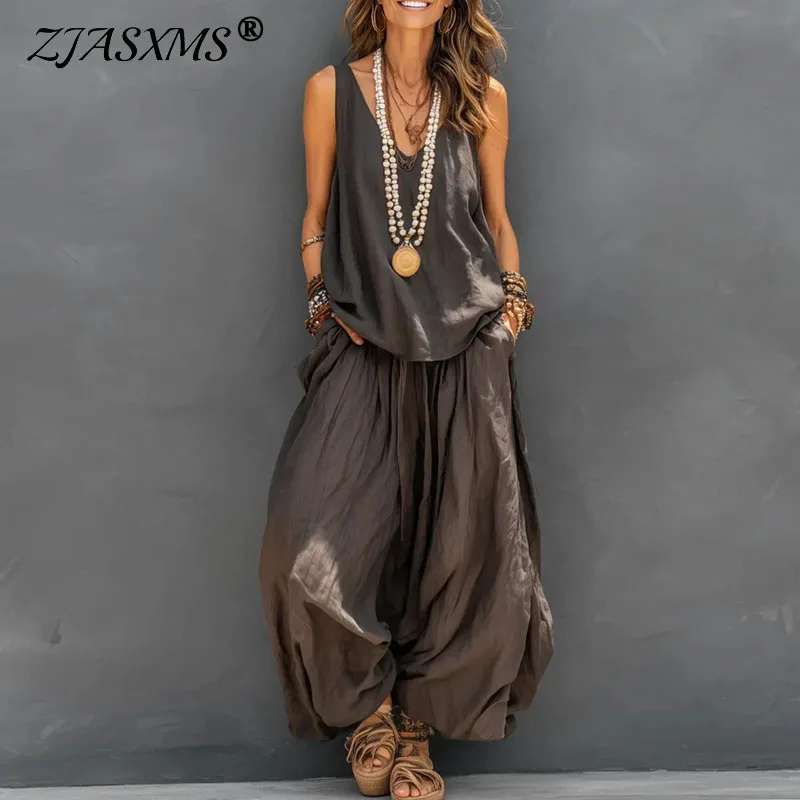 

Летний пляжный комплект в стиле бохо для женщин: сексуальный топ с V-образным вырезом и вырезами, широкие брюки, повседневный свободный костюм без рукавов в стиле Харадзюку