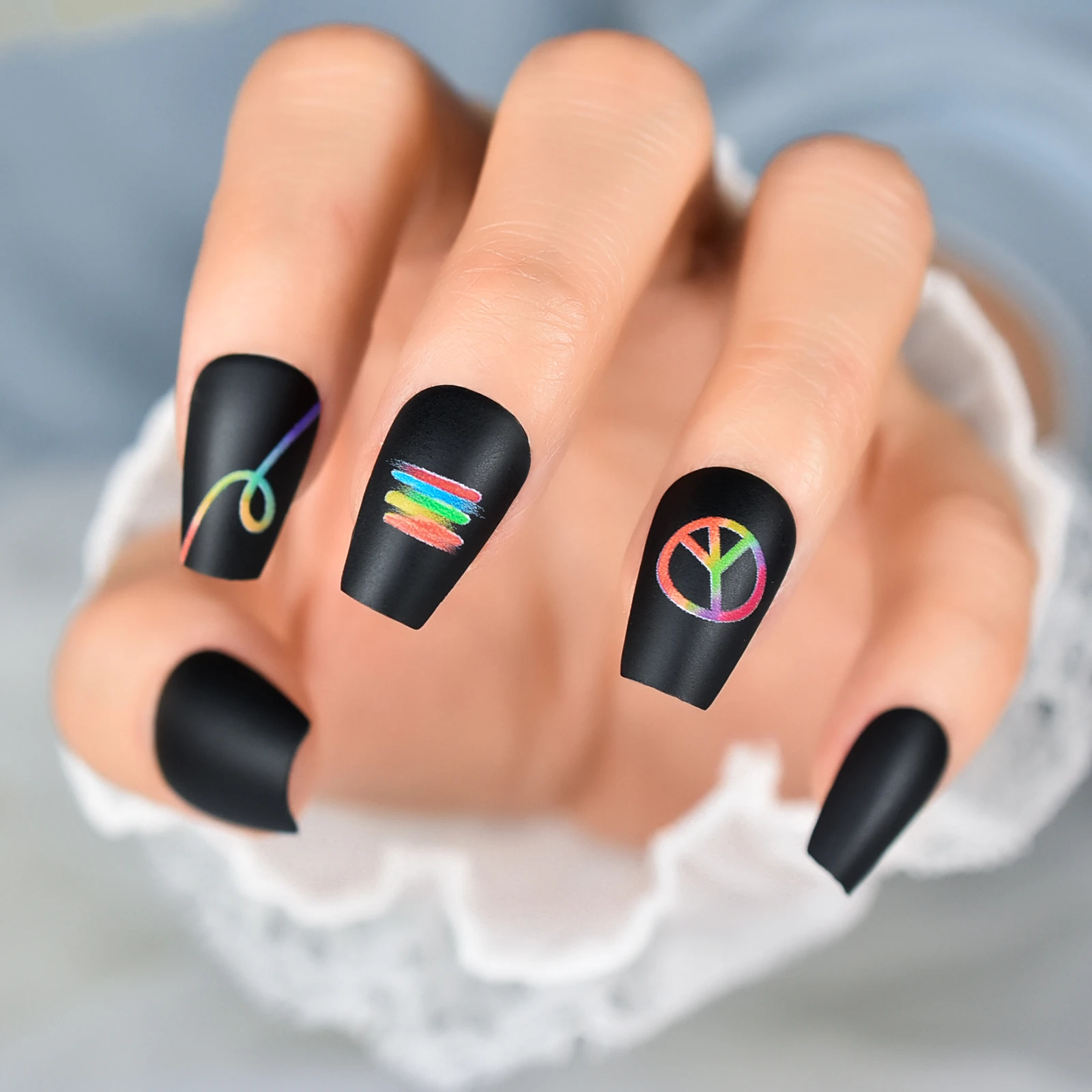 Medium Matte Coffin Nude Black Press on Nails Rainbow Smudge Lines False Nails Pre-Designed Fake Nails 24 Pcs