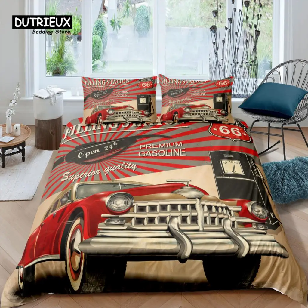 Home Living Luxury 3D Motel 66 Bedding Set Kids Duvet Cover Pillowcase Retro Car Bedding Set Queen and King EU/US/AU/UK Size