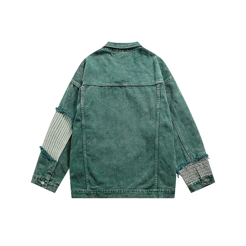 Retro Stitching Hole Denim Jacket Men's Loose Green Jeans Coat Irregular DenimJacket Men