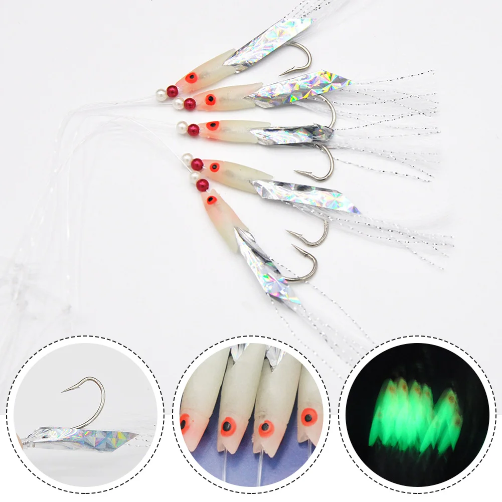 5pcs Fishing Lure Luminous Feather Lure Herring Bait Hard Bait Sabiki Soft Fishing Lure Rigs Bait Artificial Quality Hook Bait