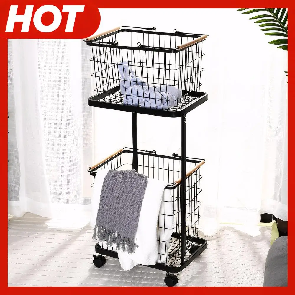 

2 Tier Rolling Laundry Basket with Wheels Metal Storage Cart Wire Laundry Hamper Cart for Laundry Room Bathroom Bedroom