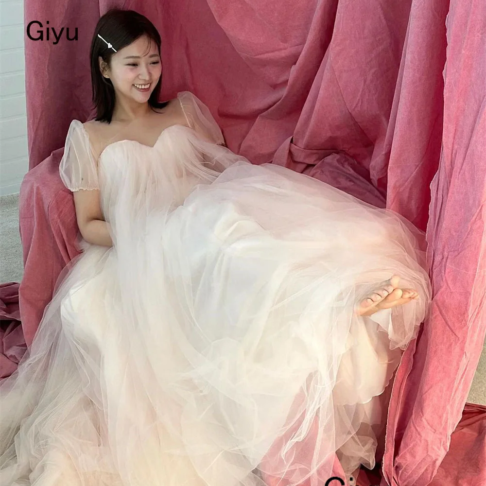 

Giyu Fairy Tulle Korea Wedding Dress Photoshoot Sweetheart Collar Short Sleeves Floor-length Evening Gown Dress 웨딩드레스