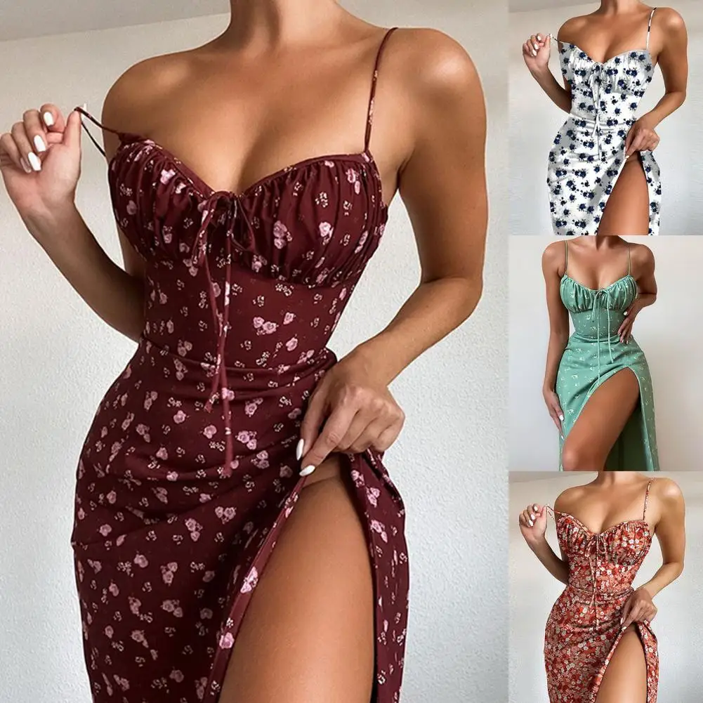 1Pc Spaghetti Straps Lady Dress Pleated Split Hem Evening Dress Floral Print Comfortable Summer Sling Midi Dress for Daily Wear