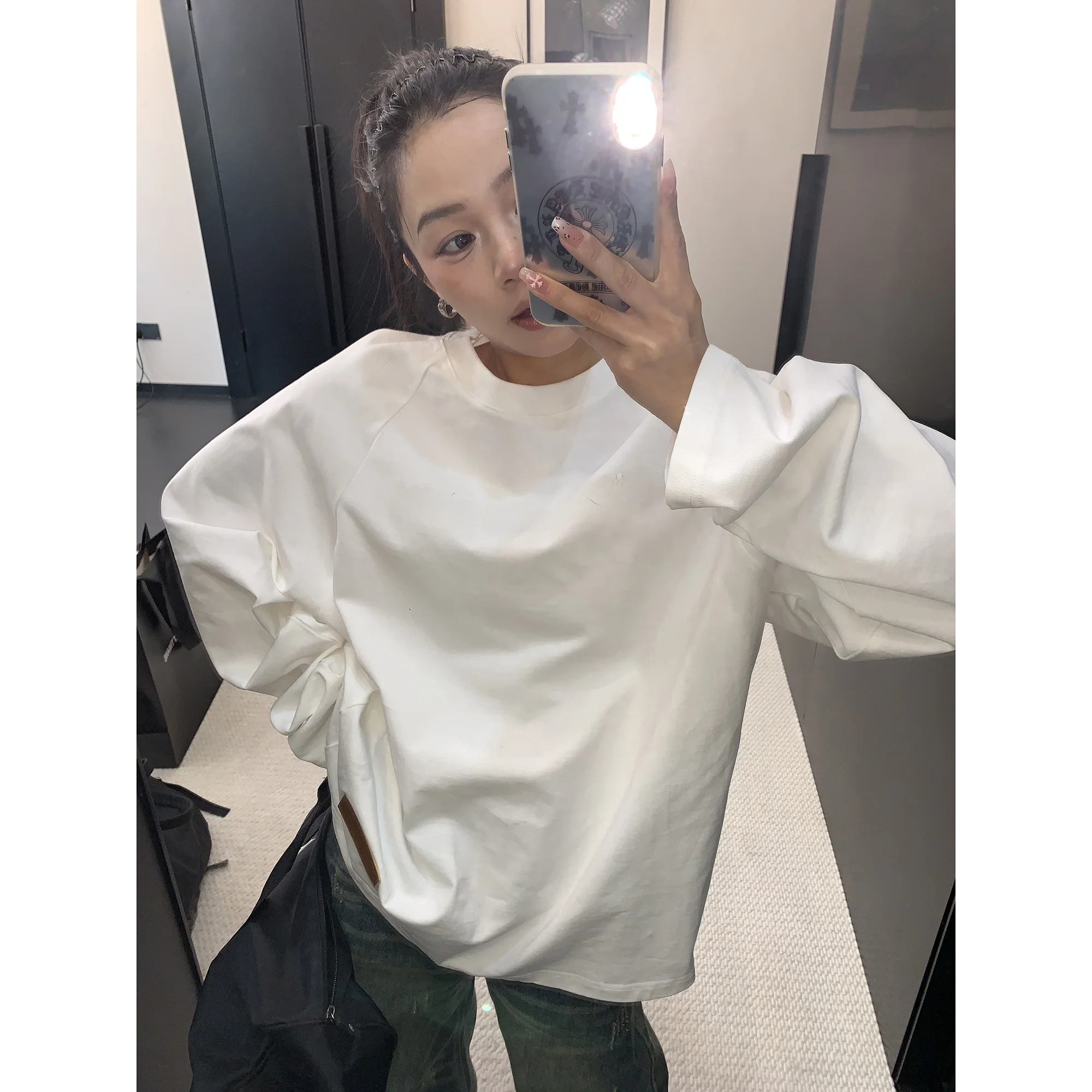 

Spring New Arrival Lazy Sloppy Long Sve T-irt White Cotton Oversize round Ne Letter Print Women's Casual Faion Top