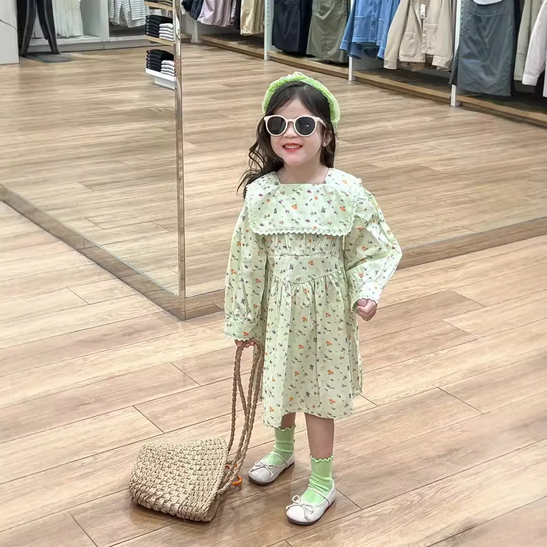 Baby Girl Doll Dress 2025 Girls Spring Dress Small Fresh Pastoral Green Bottom Floral Large Lapel Princess Dress