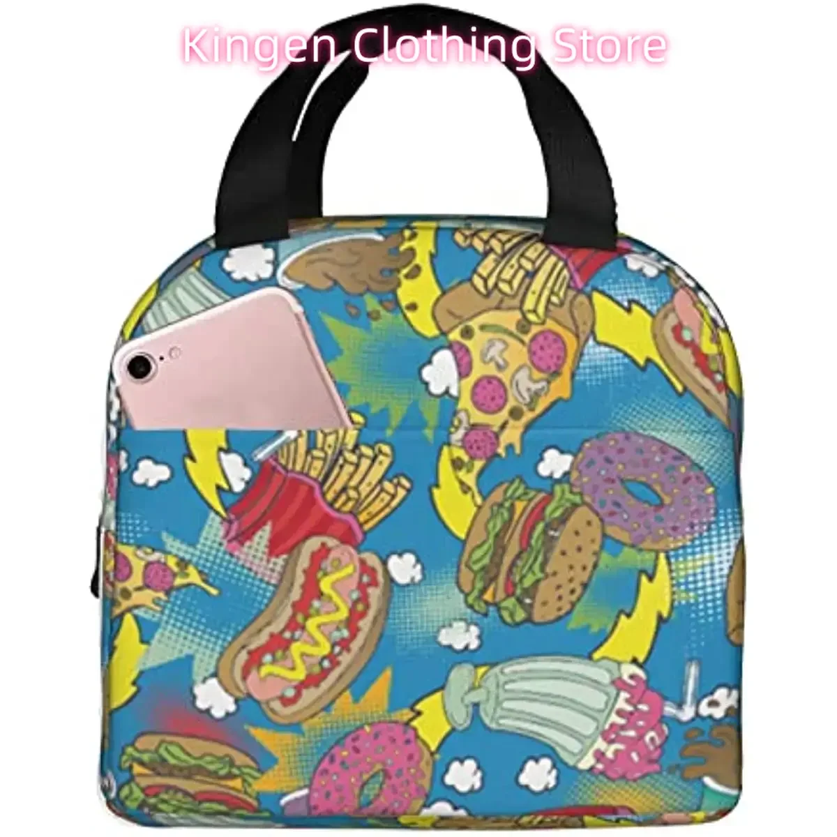 Pizza Hamburger Fries Toca Lunch Box Insulation Soft Bag Reusable Insulation Cute Lunch Bag Portable Zipper Lunch Handbag