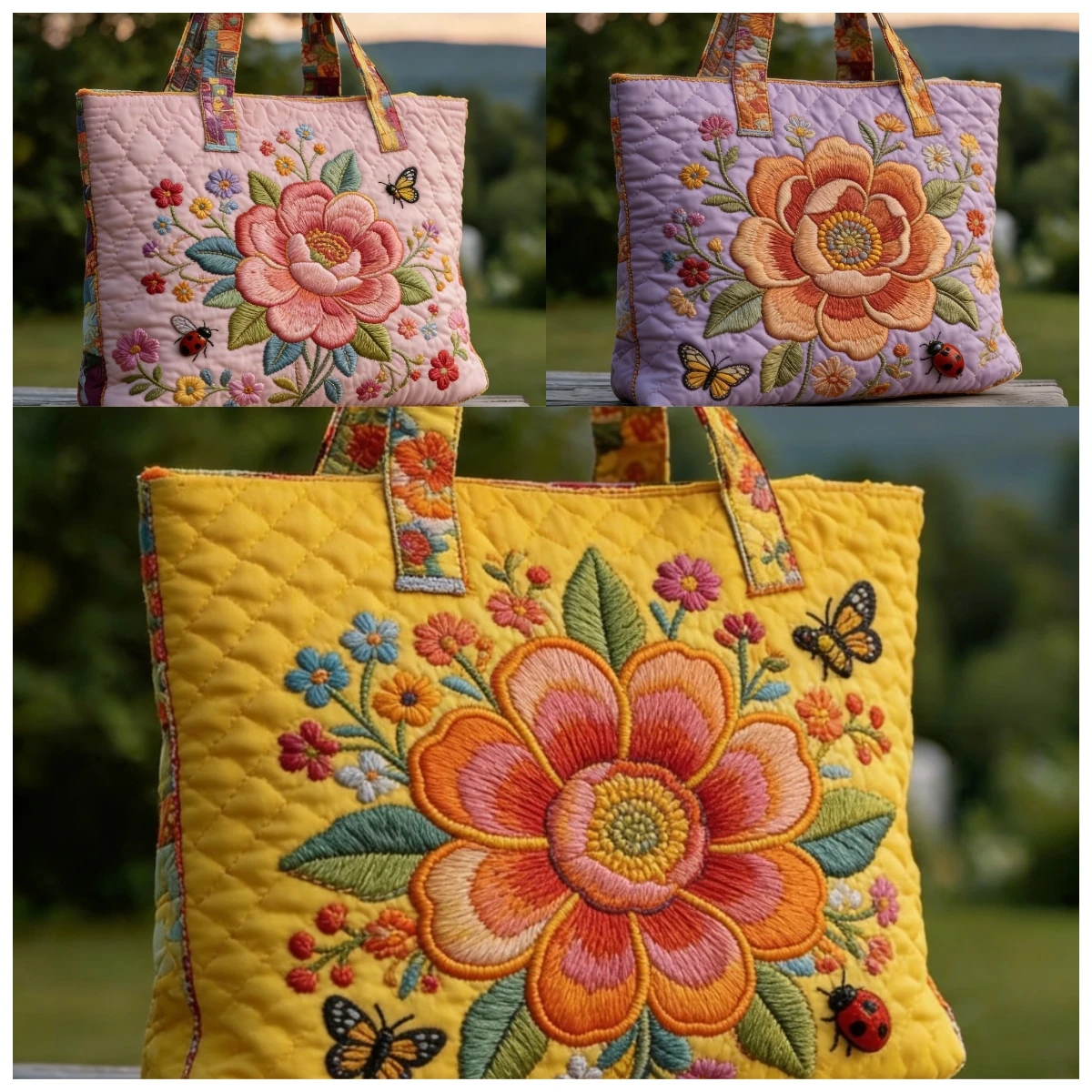 

Lady's Flower Quilted Tote 3D Floral Print Travel Tote Casual HandBag Women Daily Shopping Bags