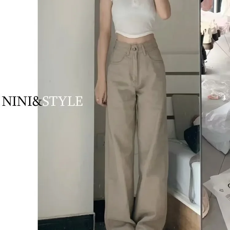 Spring Autumn New High-Waisted Slimming Fashionable Versatile Straight-Leg Loose-Fit Long Pants For Women Khaki Jeans