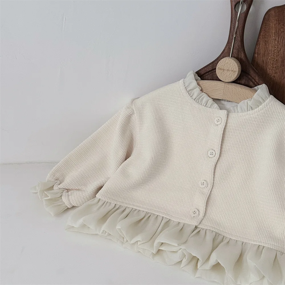 2024 Herfst Nieuwe Baby Meisje Lange Mouw Jas Kinderen Effen Jas Kant Baby Meisje Katoenen Vest Peuter Kleding