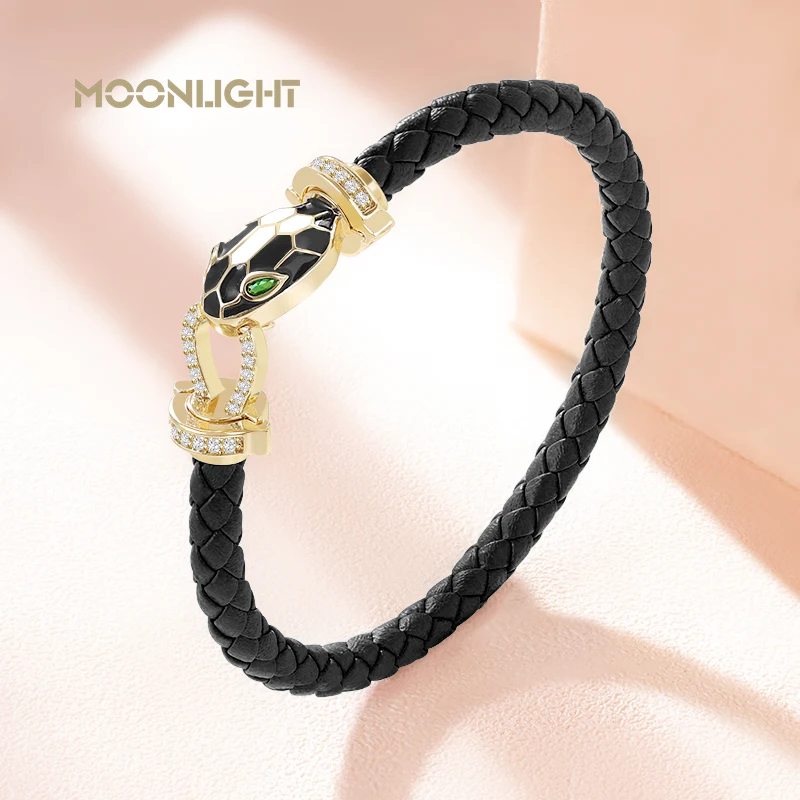 Classic Black Snake Head Green Eyes Bracelets For Women Exquisite Genuine Leather Bracelet Female Jewelry Party Gift Wholesale