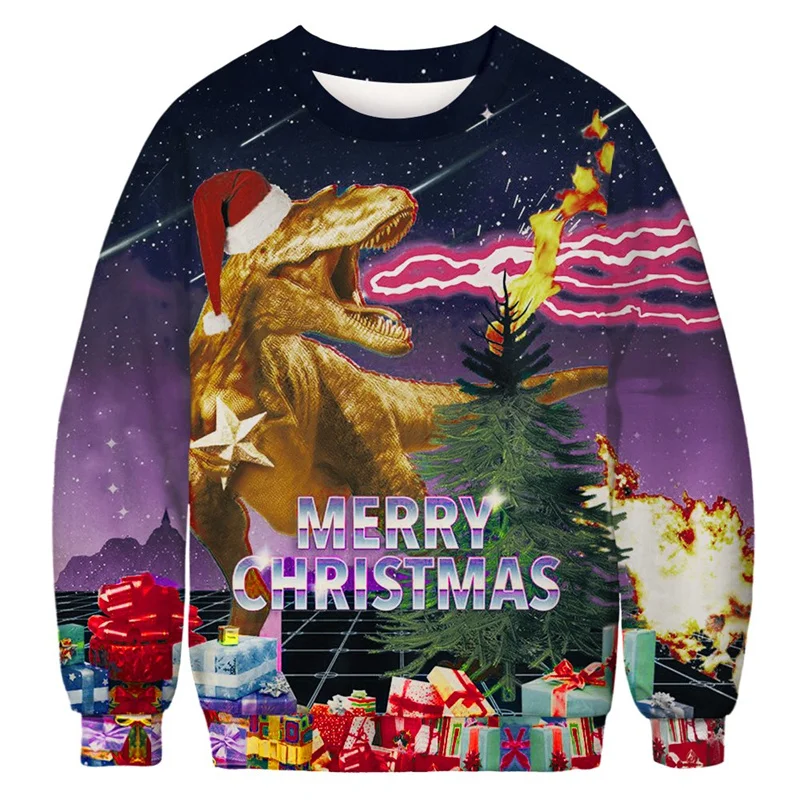 Hoodie Natal jelek baru kaus grafis dinosaurus pullover cetak 3D Fashion Pria Wanita Hoodie ukuran besar liburan Natal