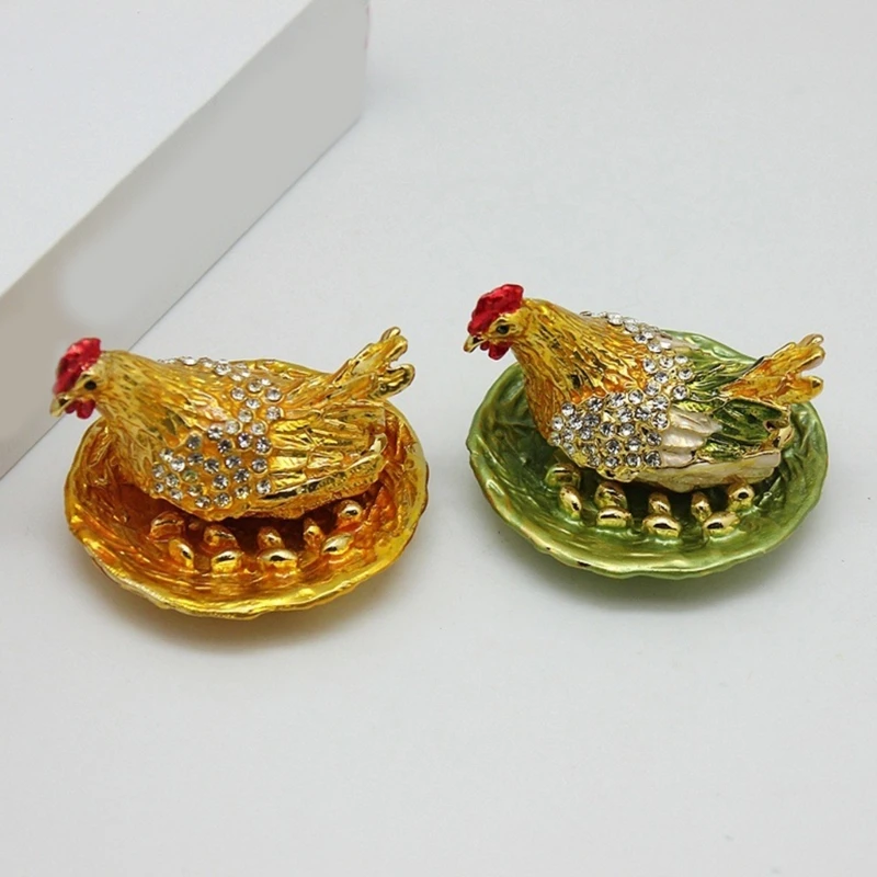 Traditional Chinese Rhinestones Metal Hens Laying Eggs Figurines Fengshui Ornament for Home and Office Desktop Decors