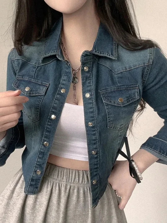 

Корейский женский джинсовый топ с одной пуговицей в стиле ретро, осенний модный молодежный длинный топ све небольшого размера
