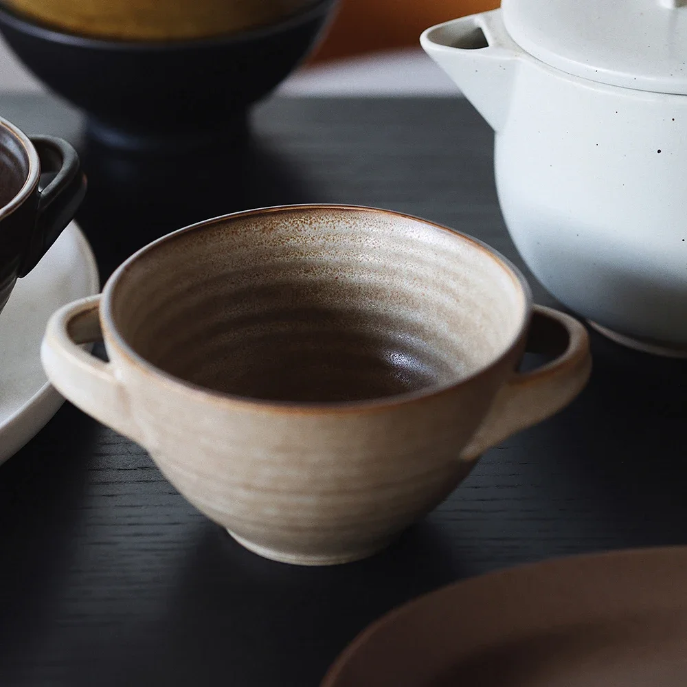 Double Handle Porcelain Bowl Hand Made High Grade Ceramic Food Container Breakfast Yogurt Fruit Salad Milk Oats Bowls