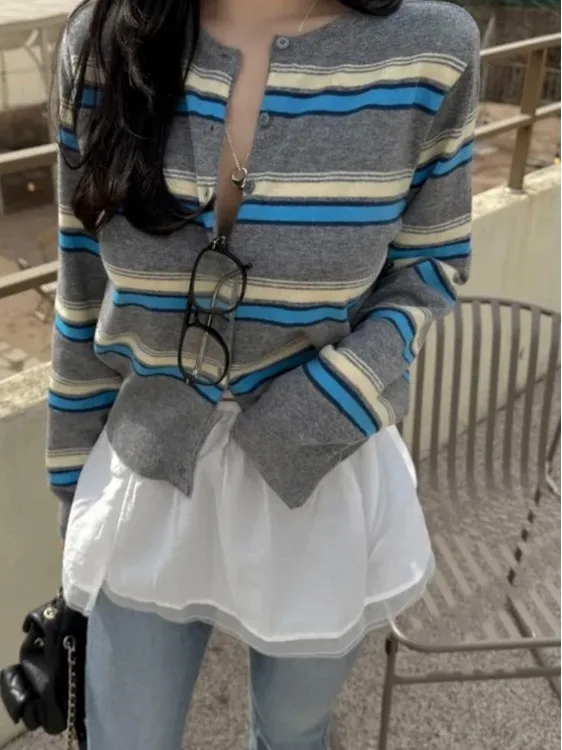 Cardigan tricoté à rayures amincissantes pour femme, décontracté, basique, bouton unique, coupe ample, Long, rond, Ne Open, irt, nouvelle collection automne