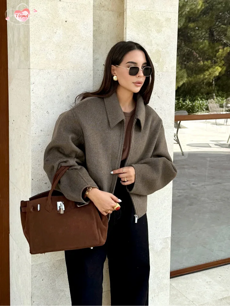 

Elegant Lapel Long Sleeves Zipper Cropped Coats Vintage Brown Woolen Blends Jacket For Women Autumn Chic Lady Street Outerwear