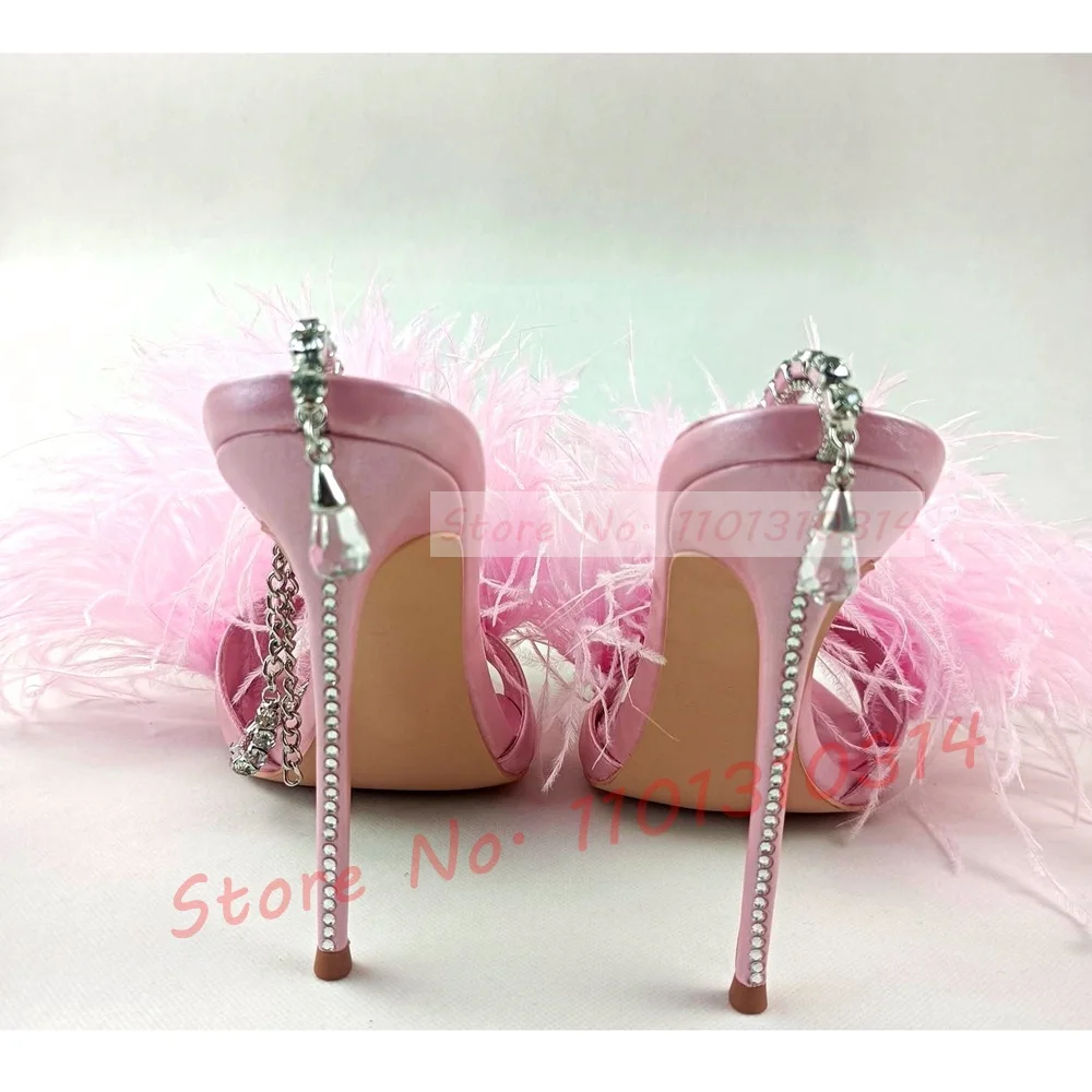 Pink Feather Crystal Wrap Sandals With High Heels Luxury Women Summer Sweet Shiny Shoes Design Ladies Luxury Elegant Sandals