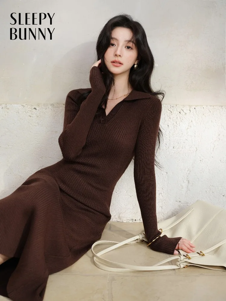 

Women Elegant V Neck Ribbed Knit Maxi Dress Lady Slim Fit Long Sleeve Sweater Dress Chic Casual Early Spring Daily Wear Style