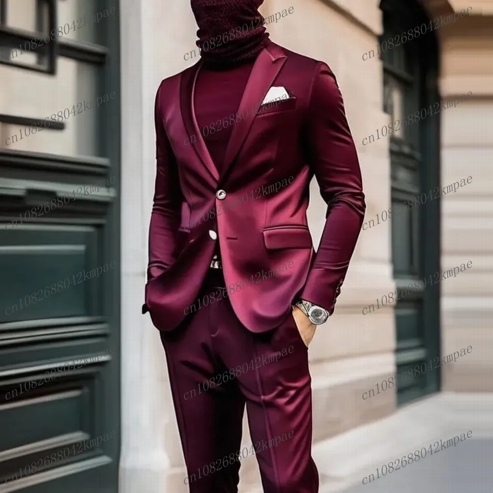 

Ацетатный атласный бордовый формальный мужской костюм для жениха, жениха, свадебной вечеринки, выпускного вечера, деловые мужские смокинги, комплект из 2 предметов, блейзер, брюки