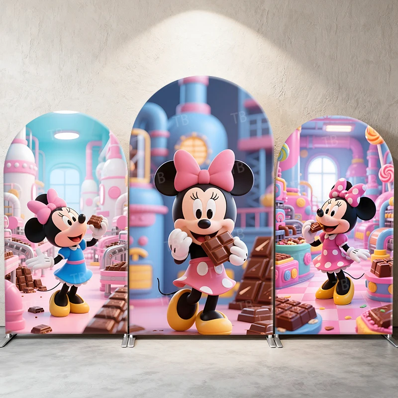 

Minnie Mouse Chocolate Factory Arch Backdrop Cover Sweet Candy Theme Party Decor Photo Booth Background Celebration Supplies