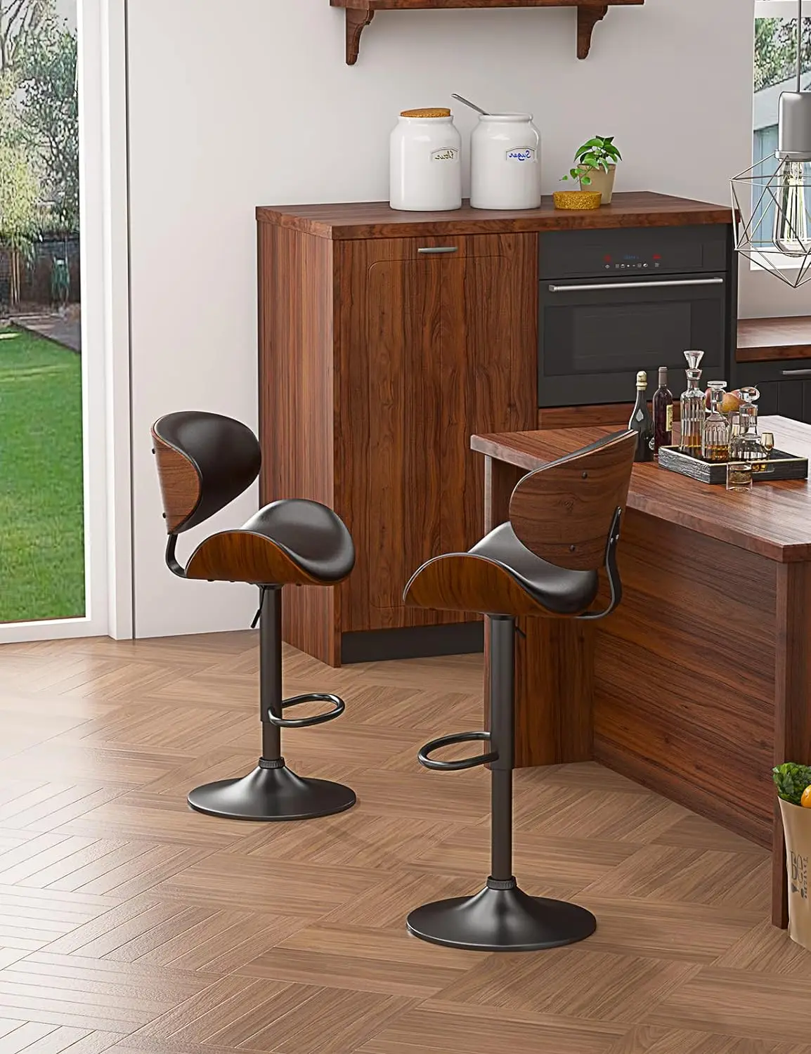 Swivel Bar Stools Set of 2 for Kitchen Counter, Adjustable Bentwood Barstools, Modern PU Leather Upholstered Bar Chair