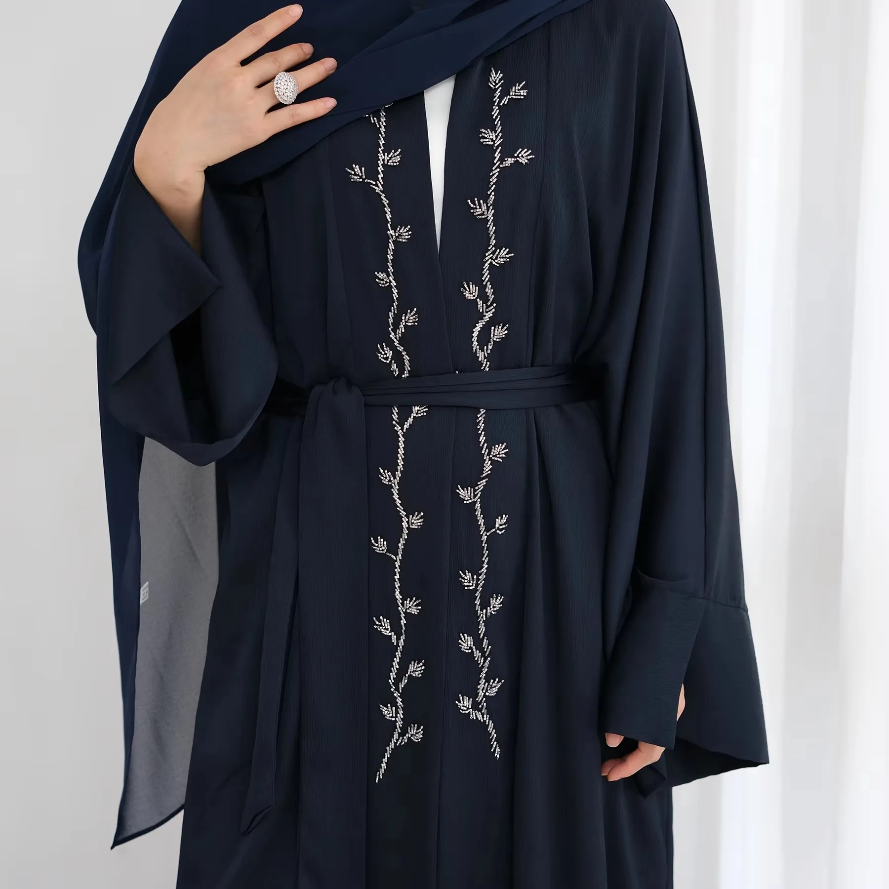 

Beads Decorations Muslim Abaya for Women, Slit Cuffs, Kimono Abaya, Dubai Turkish Islamic Clothing, Ramadan Party Hijabi Outfit