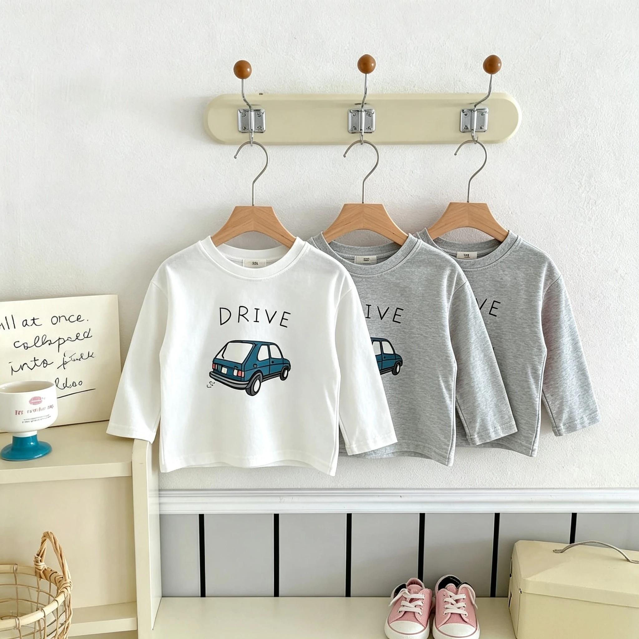 Pure Color Simple Printed Long Sleeve Tshirts Blouse Autumn Kids Clothing Casual Versatile Crewneck Pullover Tops Base Shirts