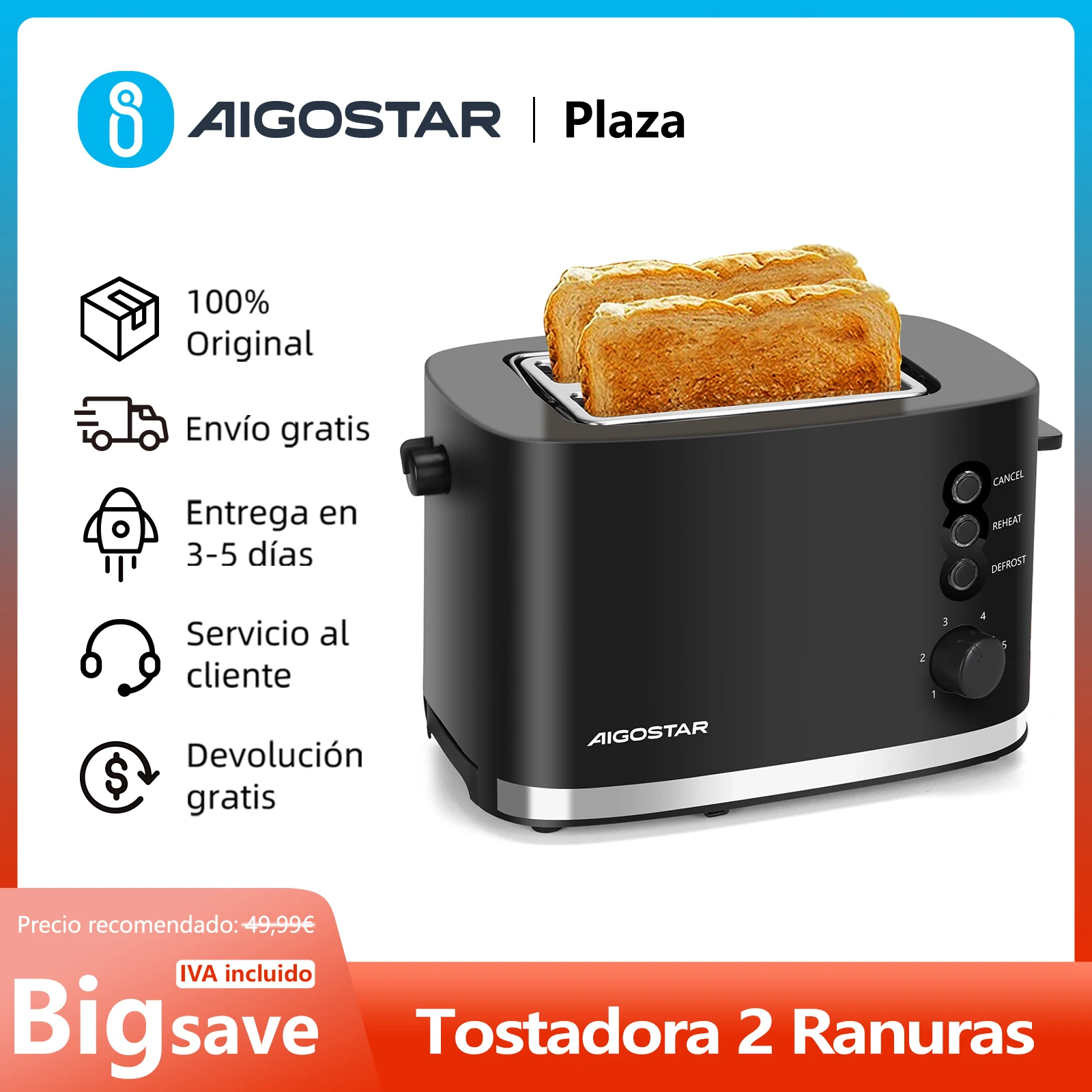 Toaster, 2 Extra Wide Slots, Built-in Hot Rack, 6 Levels of Roasting, 3 Functions: Cancel, defrost and reheat, Collect Tray, 800W, BPA Free, Black