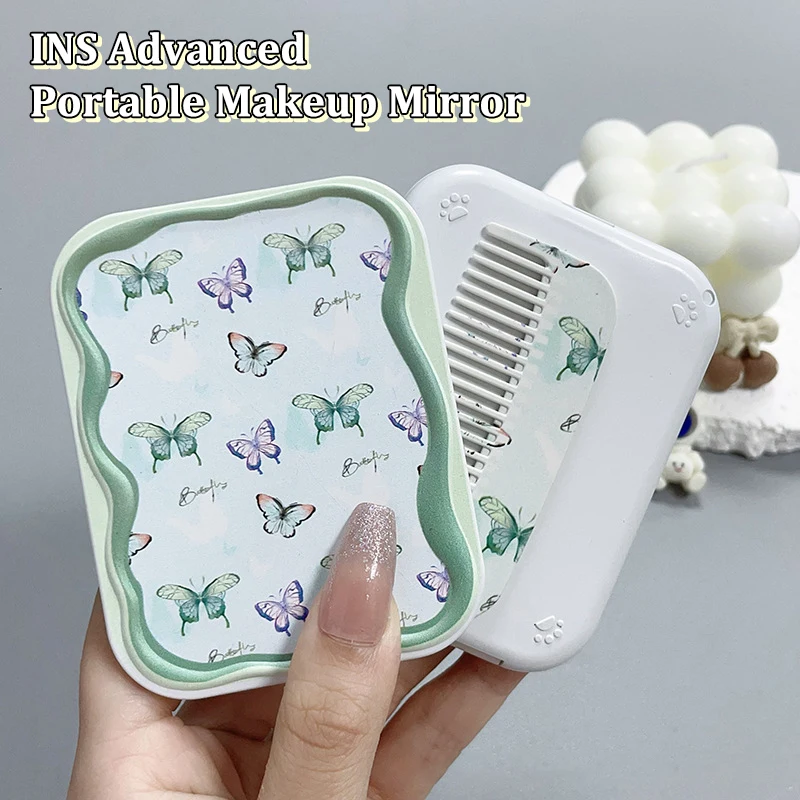Makeup Mirror with Comb Folding Butterfly Square Girl Women Girl Makeup Cute Comestics Tool Gift Small Hand Compact Light Mirror