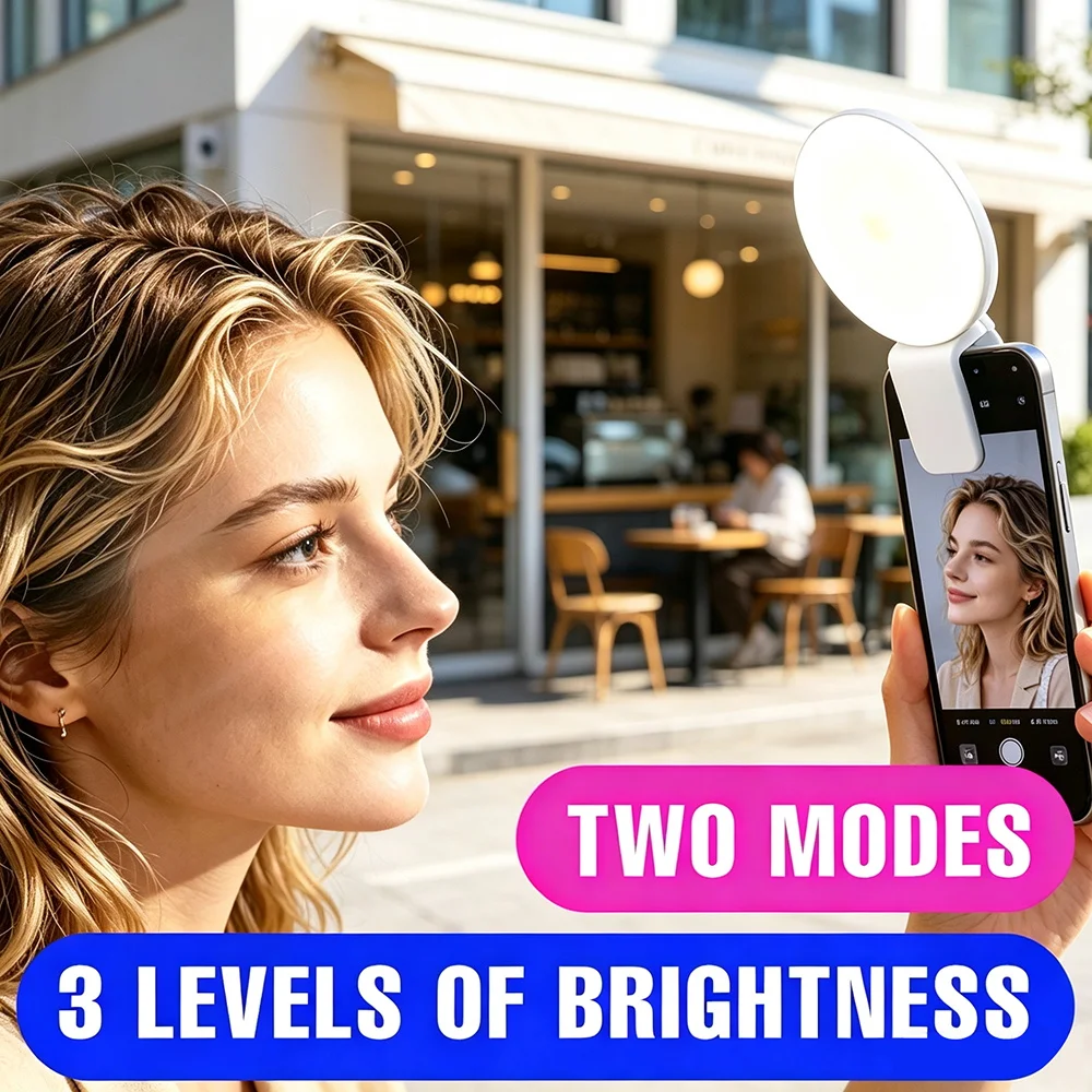 Clip LED Fill Light 3Brightness 2Modes USB Rechargeable Lamp Selfie Makeup Live Vlog Mobile Portrait Video Shooting White/Pink
