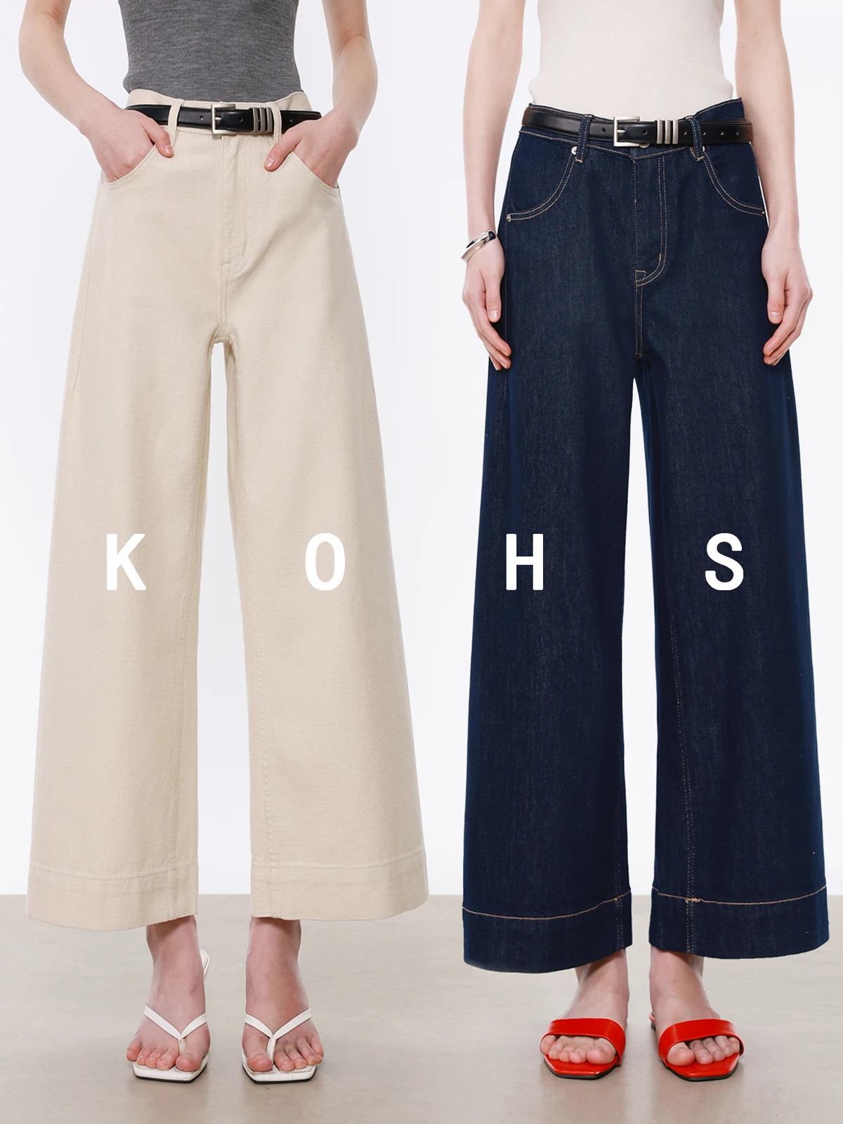 

Kohs Retro High Waist Wide Leg Nine Point Jeans Simple Style Ladies Cotton Jeans Zipper Closure Spring Autumn Season Fashion