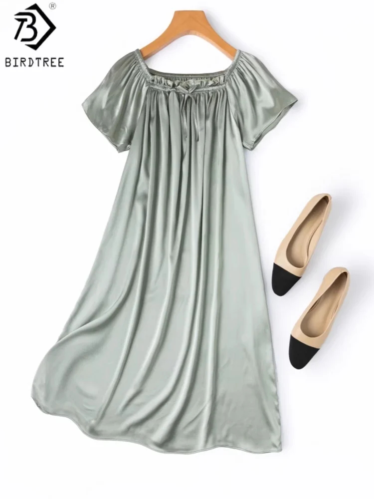 

Birdtree, 21MM 95% Silk 5% Spandex Sleep Nightgown, Women's Plain Satin Short Sleeve Pajama Homewear Dresses, 2026 New D63913JF
