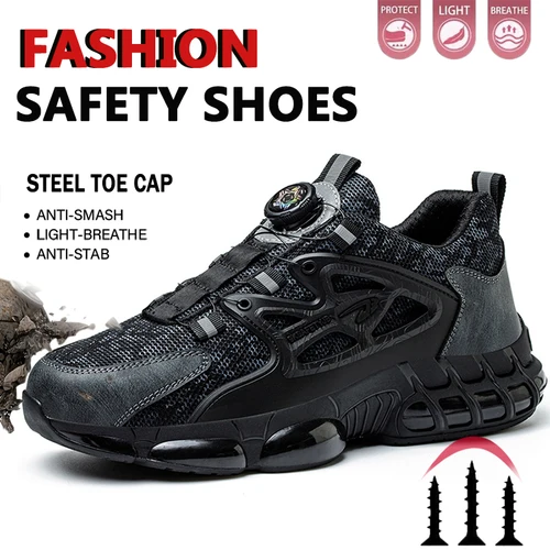Zapatos de seguridad para hombre, zapatos de trabajo antipinchazos con punta de acero, suela reforzada antideslizante, zapatillas de deporte de moda con botón giratorio