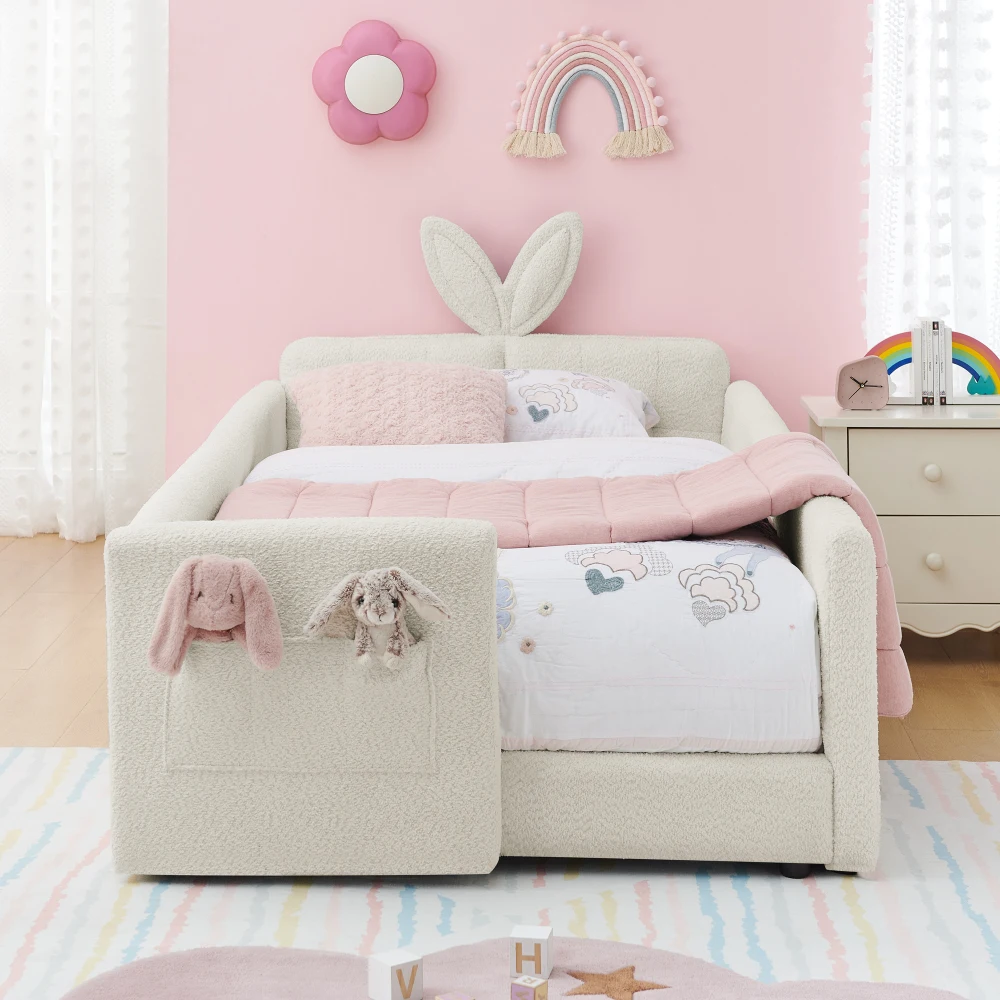 Twin Size Upholstered Platform Bed with Cute Rabbit Ear Shaped Headboard, with Safety Rail and Pocket, Boucle Fabric, Beige