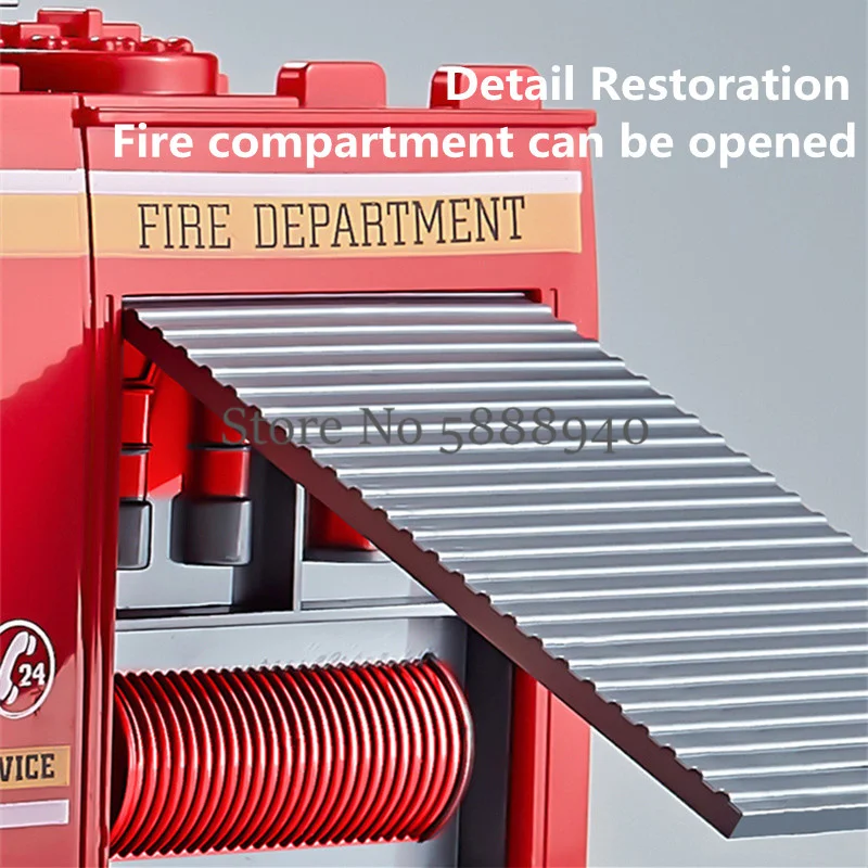 รถดับเพลิงโลหะผสมพ่นน้ำ รุ่นขับเคลื่อนเฉื่อย เปิดประตูและช่องเก็บอุปกรณ์ดับเพลิง เสียงจำลอง ไฟ LED ของเล่นรถยนต์ รุ่น Gif