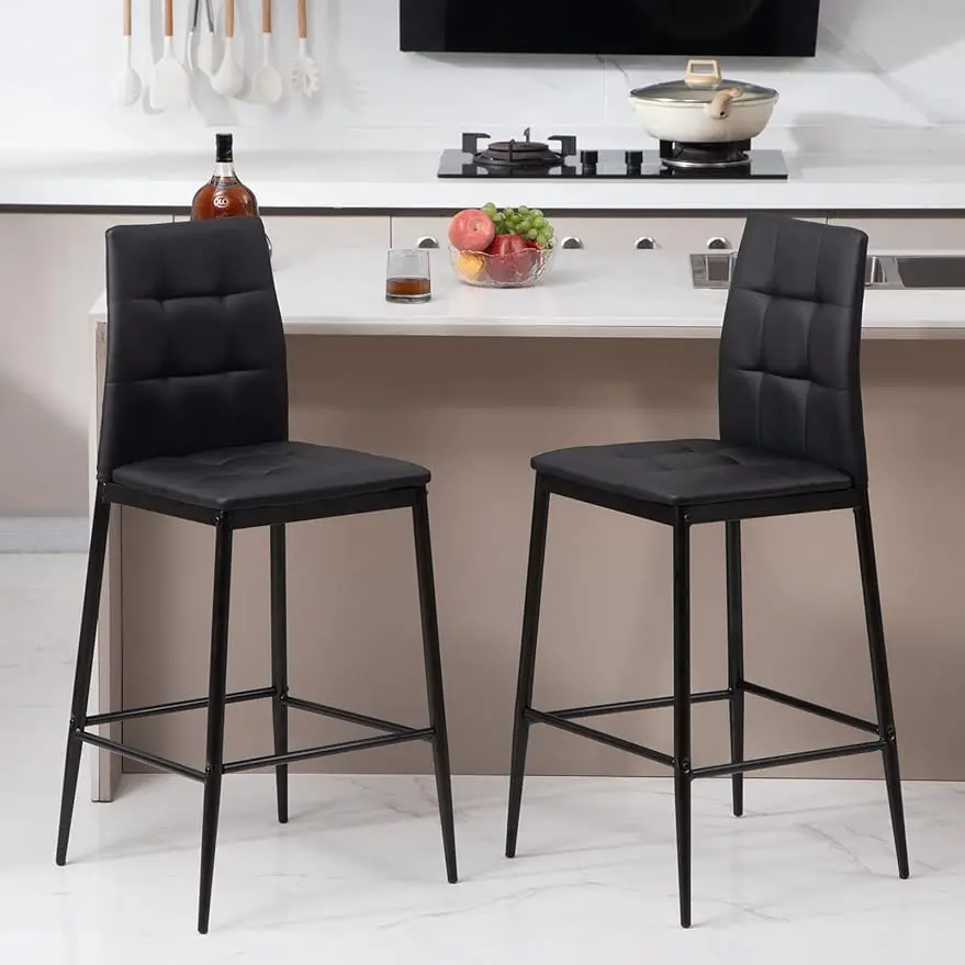 

26 Inch Faux Leather Bar Stools, Set of 2, Black