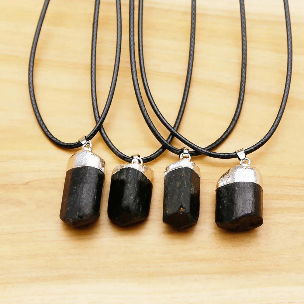

Natural Black Tourmaline Tomalin Stone Pendant Necklace Irregular Raw Ore Leather Rope Silver-plated Head Reiki Charm Jewelry 4P