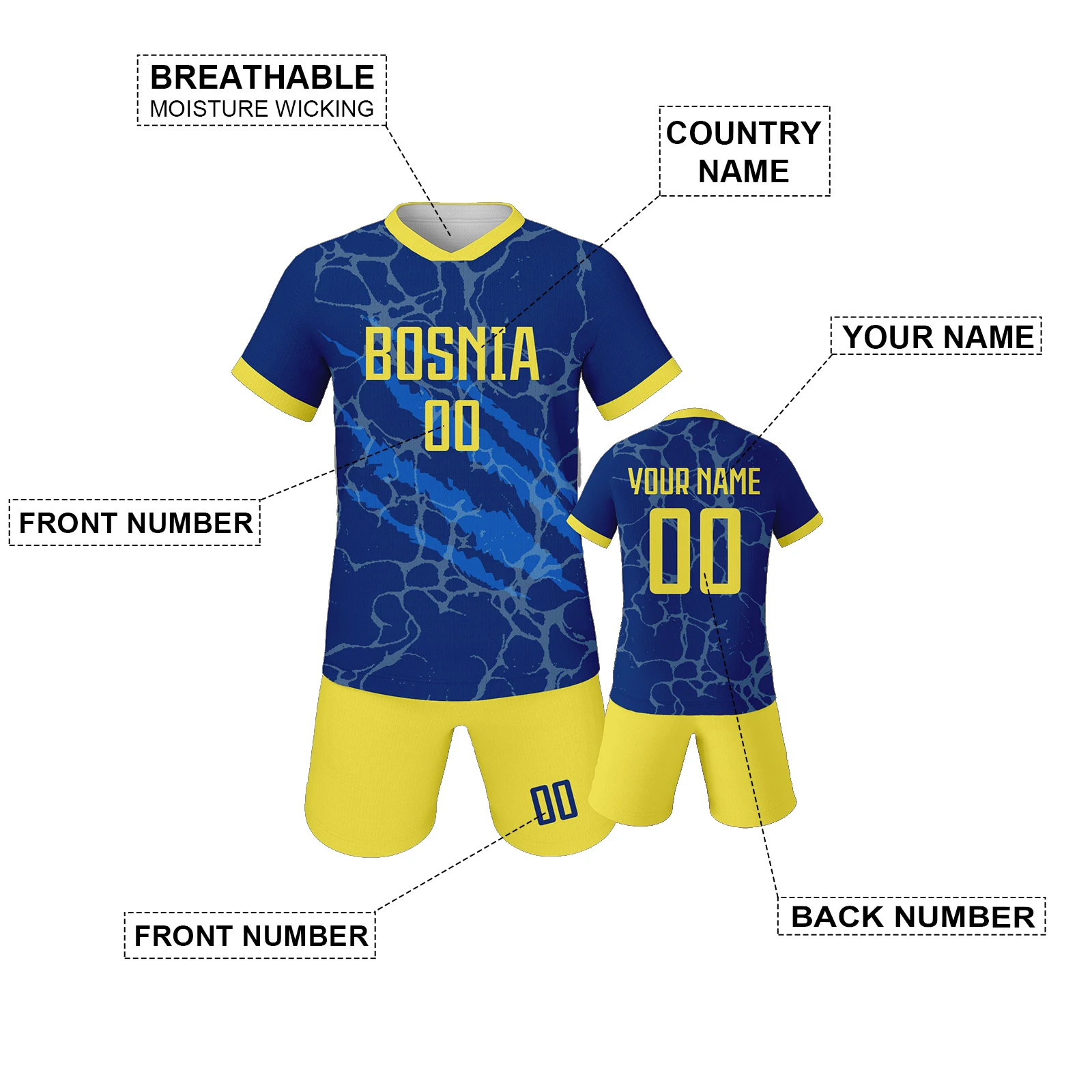Custom Bosnia Soccer Set Kids Personalized Football Set with Name & Number, Boys Girls National Team Training Uniform 3-14Y