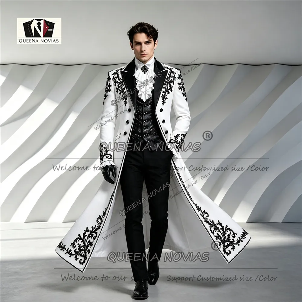 Brilliant Men's Suit 3 Piece Sets Black Beaded Sequin Jacket Vest Pants Customized Long Prom Blazer Groom Wedding Tuxedo Luxury