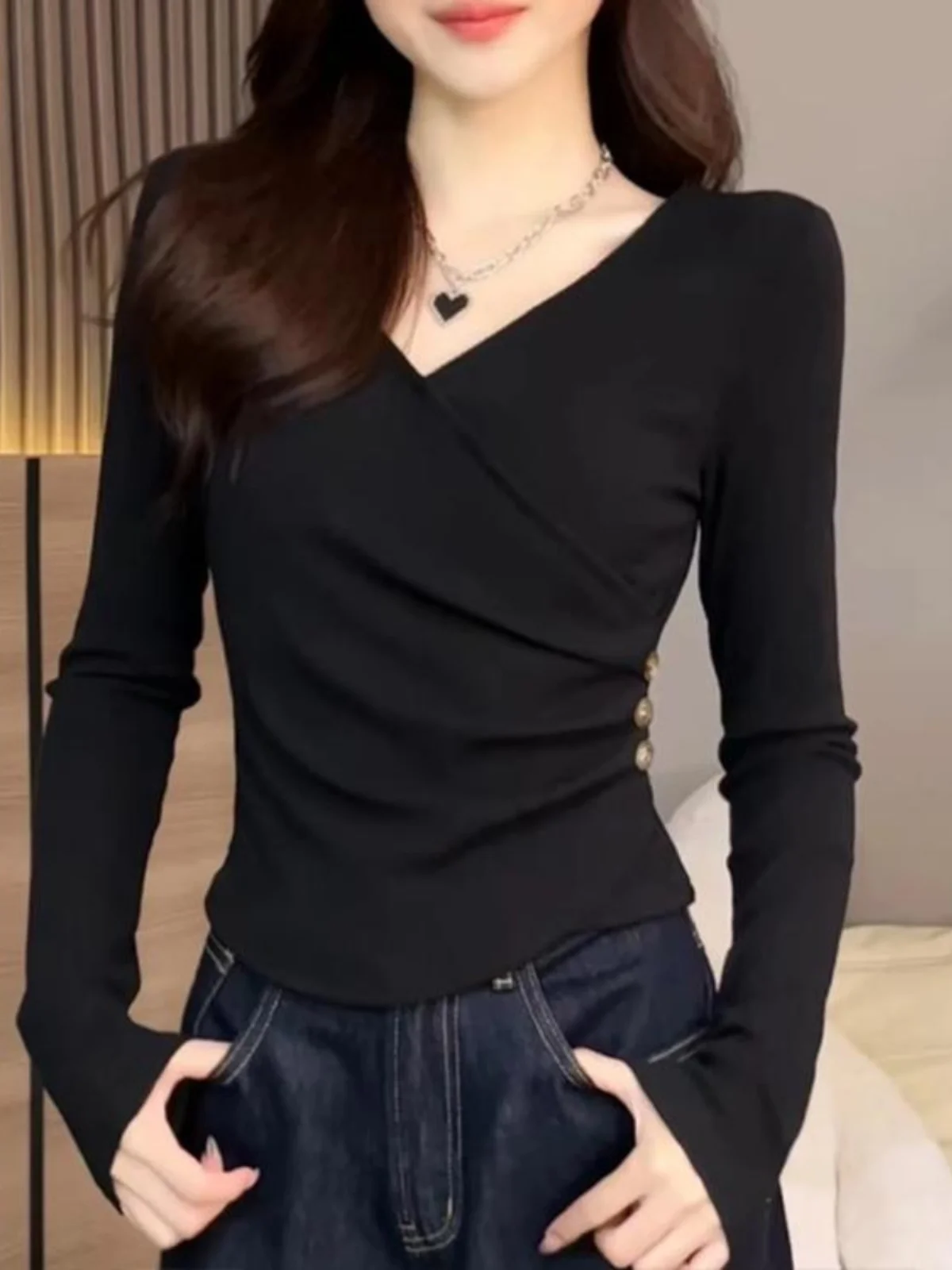 T-shirt a maniche lunghe da donna Top in cotone vintage gotico Slim Fit Lace Trim Patchwork Orlo arricciato Autunno Street Fashion Scuro