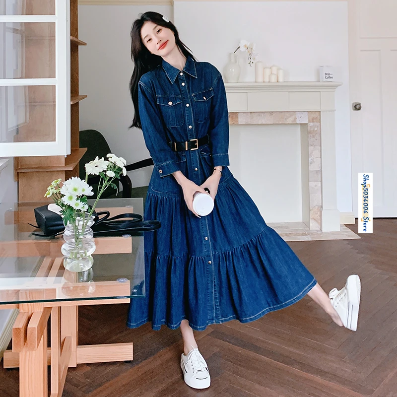 Fashion Spliced Multi Pocket Blue Denim Dress for Women 2024 Fall Elegant French Style Long Sleeve Slim A-line Maxi Dresses 2015