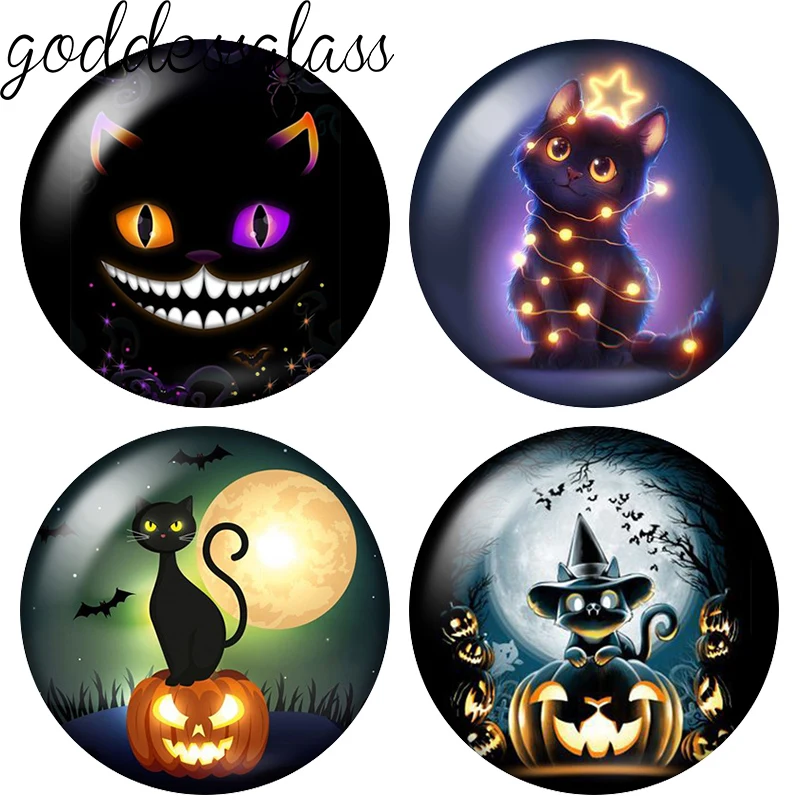 Halloween cartoon Pumpkin Lantern Cat Photos Cute 10pcs 12mm/20mm/25mm Round Photo Demo Glass Cabochon Flat Back Making Findings
